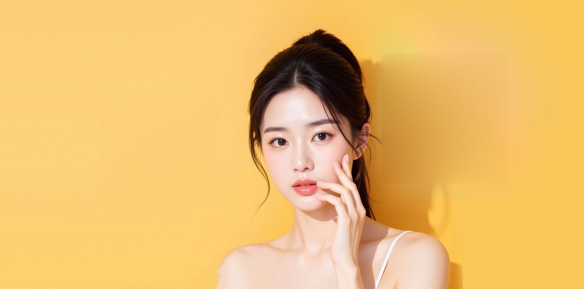 노란 바탕의 여성 모델(볼에 손)