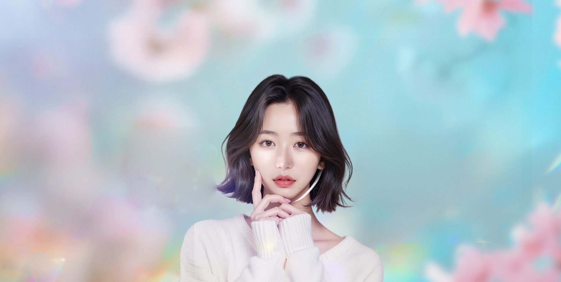 단발 여성 모델(흰 니트, 얼굴에 손)
