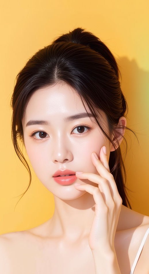 노란 바탕의 여성 모델(볼에 손)