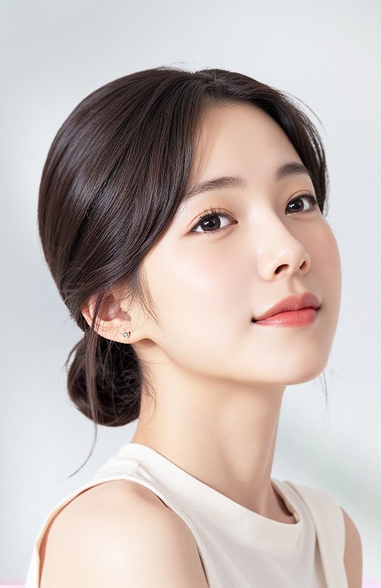 머리를 낮게 묶은 여성 모델 옆얼굴
