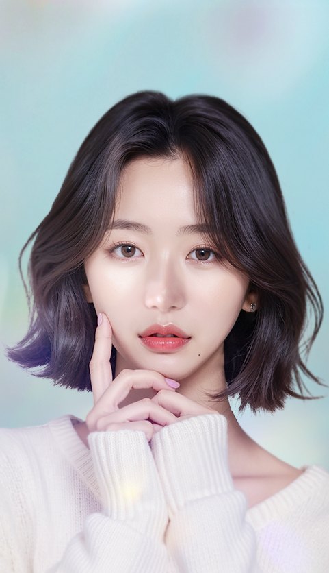 단발 여성 모델(흰 니트, 얼굴에 손)